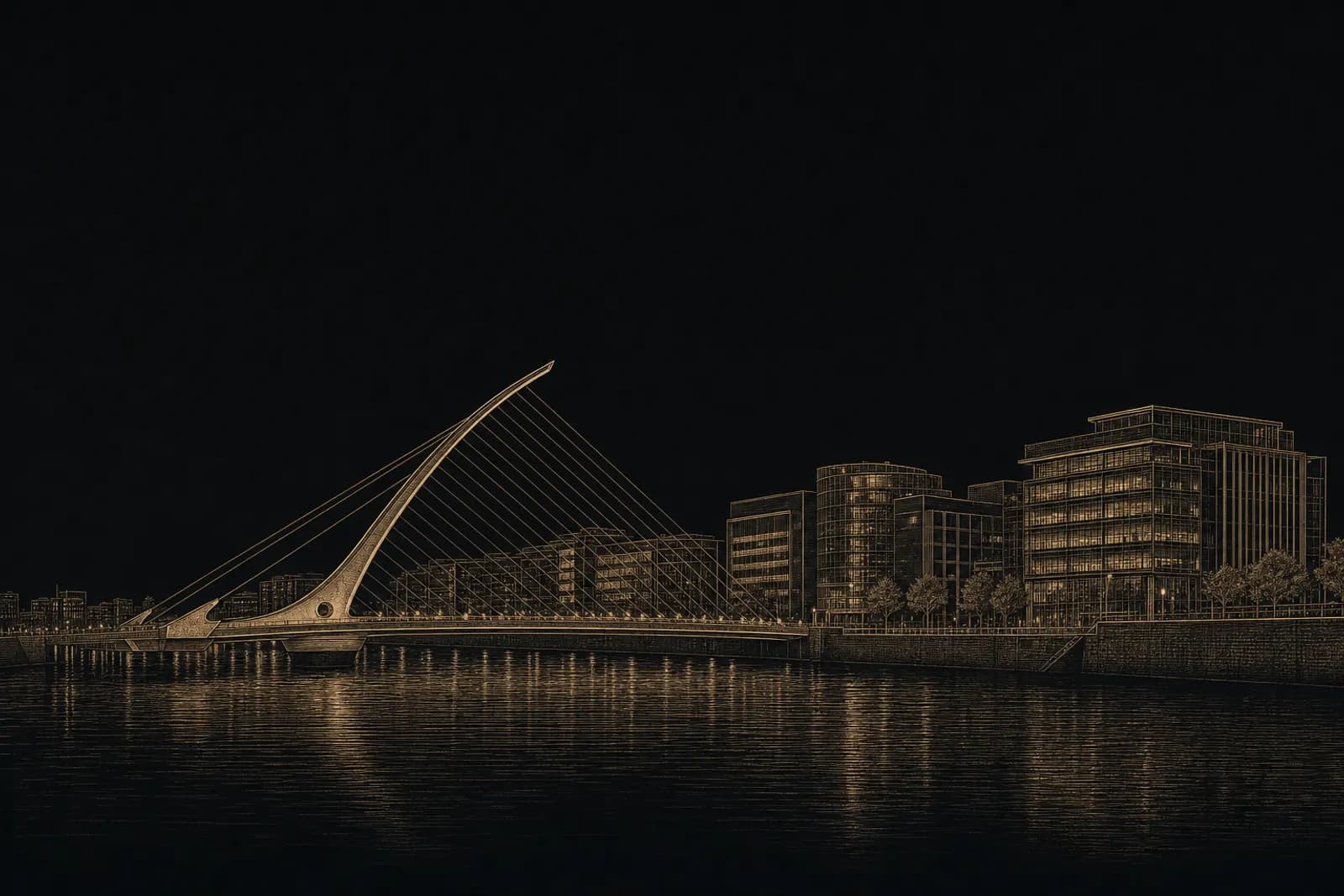 Etching of the Samuel Beckett Bridge and the Docklands across the River Liffey at night